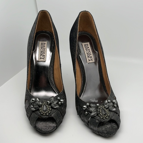 Badgley Mischa Monique Metallic Black Jeweled Peep Toe Heels Shoes Size 7.5 - Picture 2 of 14
